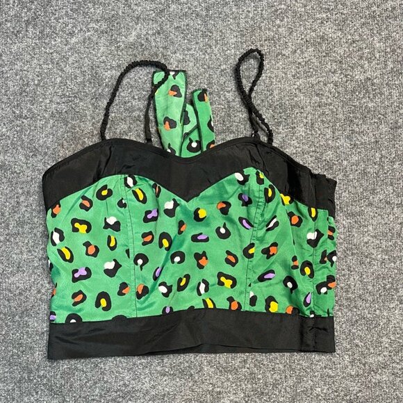 Sidecca Womens Crop Top Green Leopard Sleeveless Sweetheart Neck Artsy Retro M - Picture 1 of 6